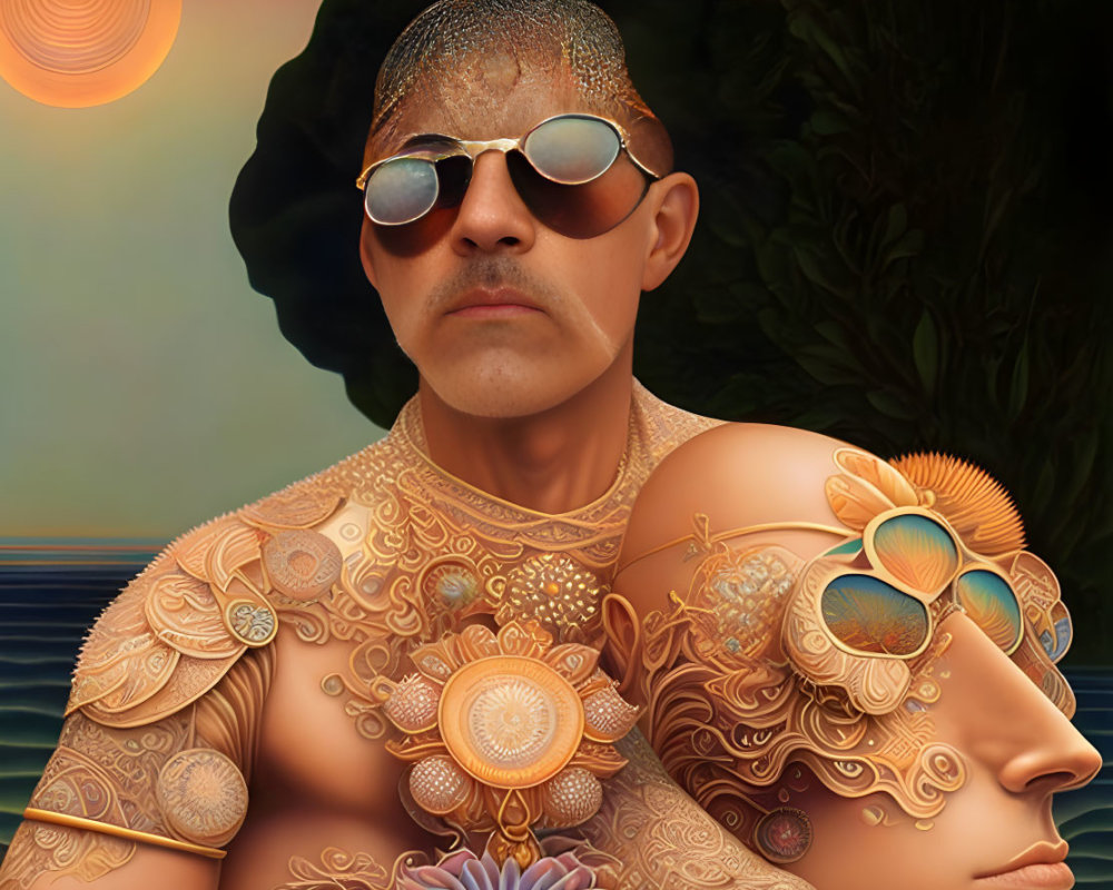 Two people with elaborate body art and sunglasses in front of water and suns.