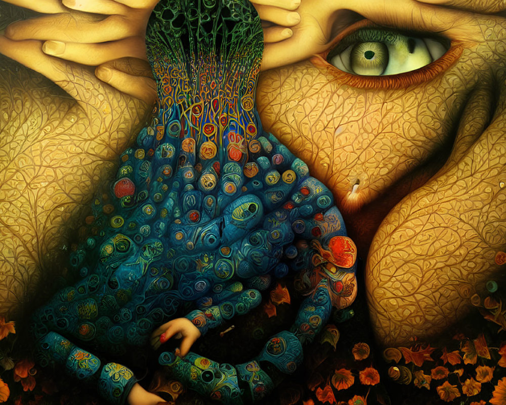 Colorful surreal artwork featuring large eye, peacock patterns, and autumn leaves.