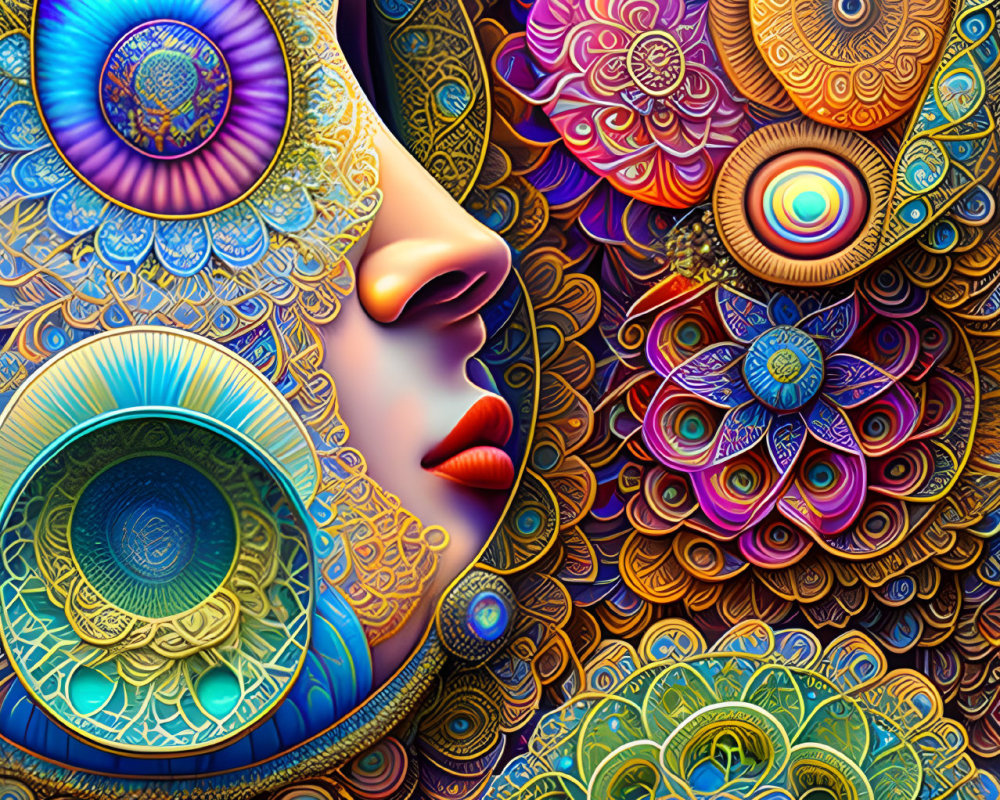 Colorful digital art: stylized face with intricate patterns