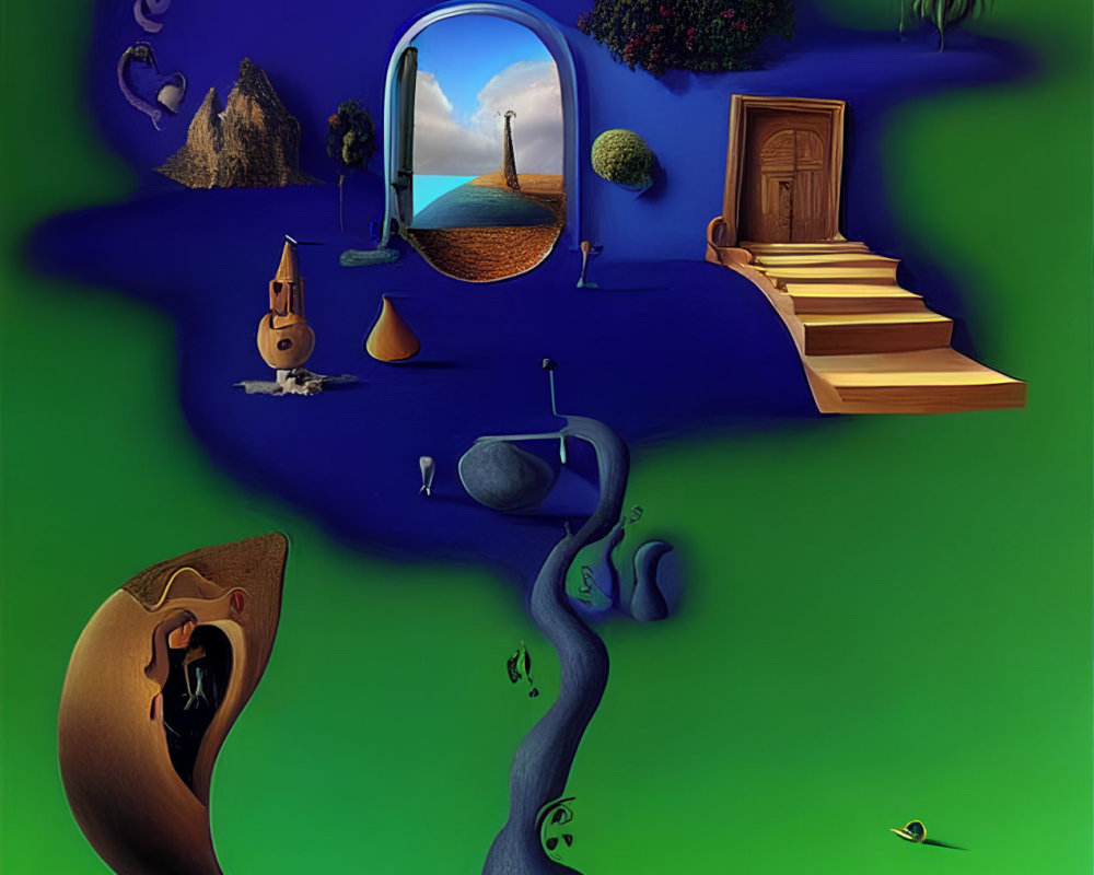 Surrealistic painting featuring ear-shaped structure, winding river, floating islands.
