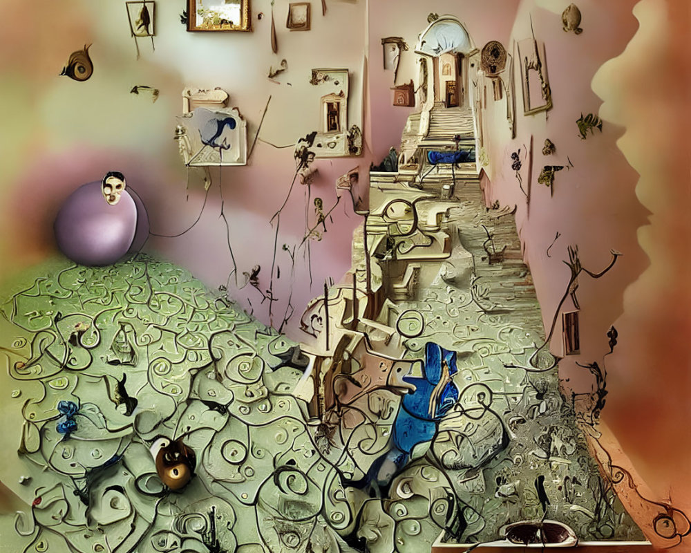 Surreal Room with Distorted Perspectives and Whimsical Decor