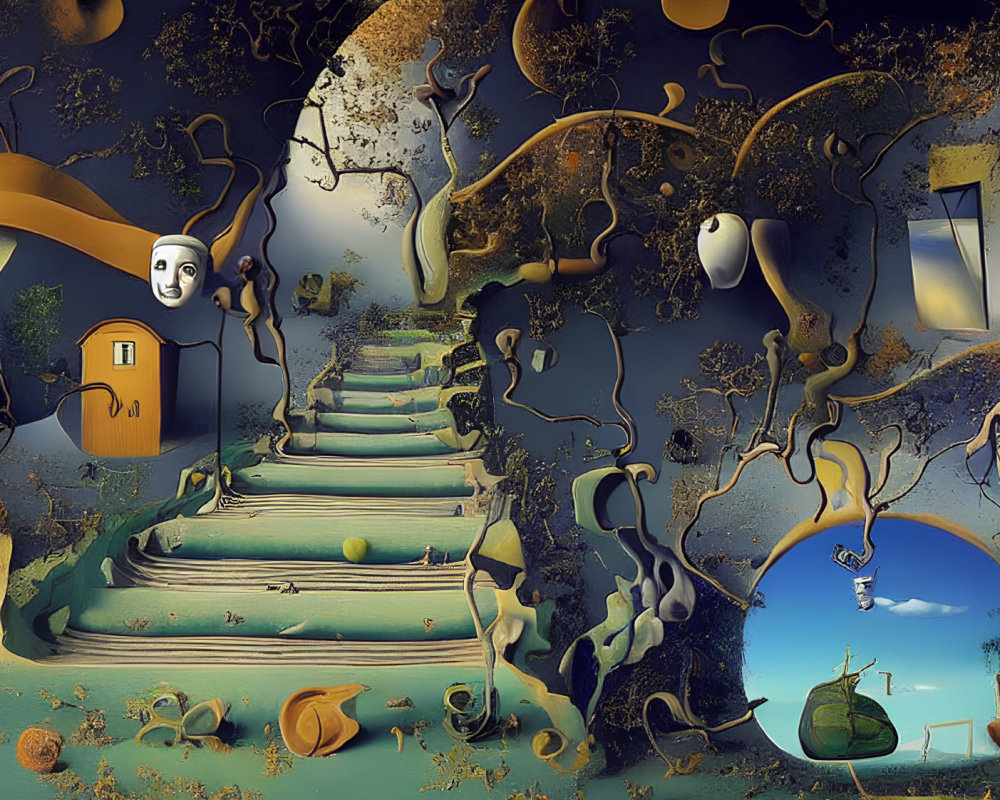 Surreal landscape featuring floating masks, winding stairs, peculiar trees, and gravity-defying objects against