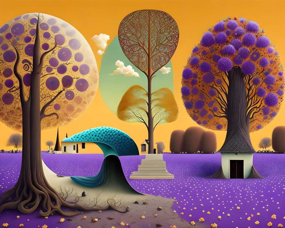 Surreal landscape with stylized trees, small house, arch, steps, purple ground, and
