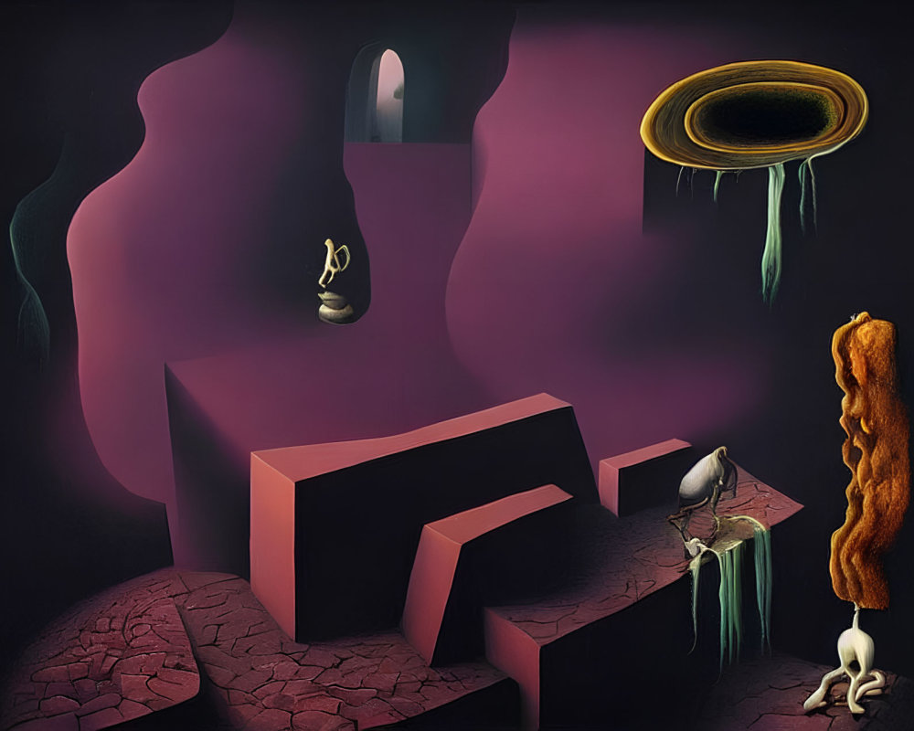 Surrealistic artwork featuring stair-like structures, floating halo, melting candle, and distant door on