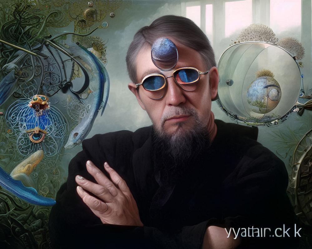 Bearded Person with Sunglasses and Third Eye in Surreal Sea Creature Scene