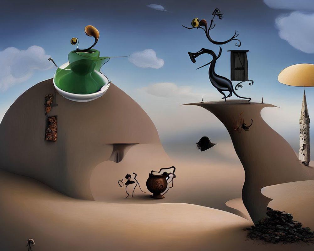 Surreal landscape featuring anthropomorphic hills and whimsical structures