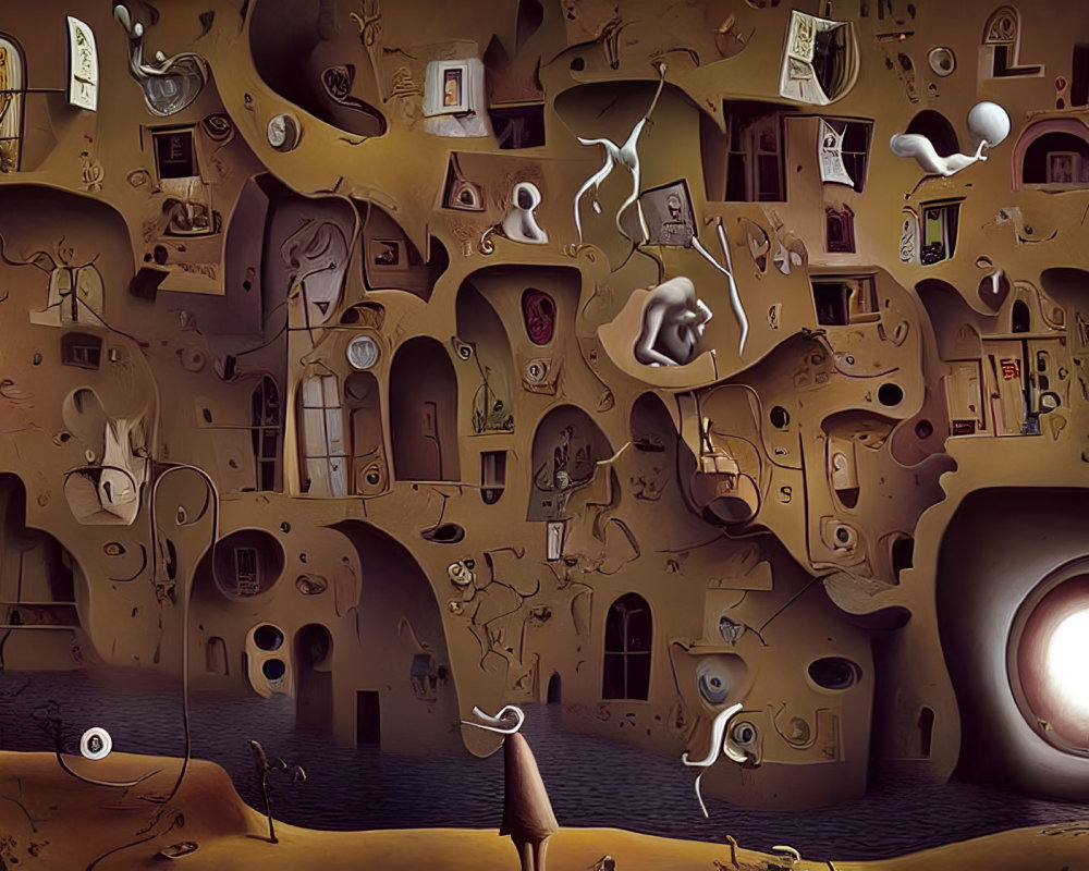 Surreal landscape with distorted shapes and floating objects in whimsical architecture