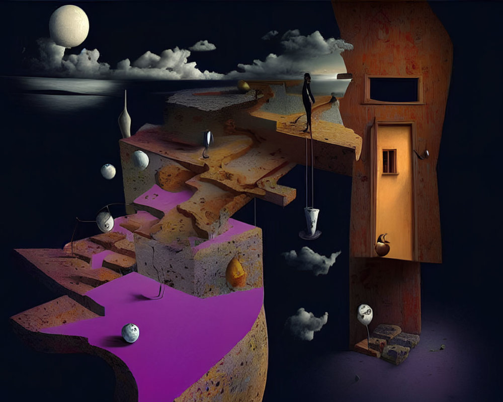 Surreal artwork: Fragmented staircase, sky door, purple liquid floor