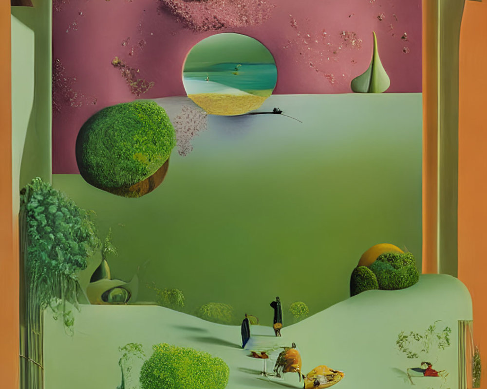 Layered surrealistic landscape with greenery, ponds, ducks, peacock, floating orbs, and