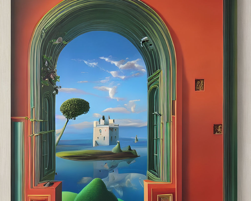 Surreal artwork of open door to castle on water & lone tree