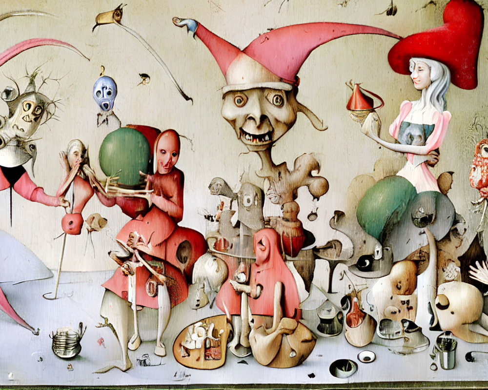 Whimsical surreal painting with elongated characters and fantastical elements