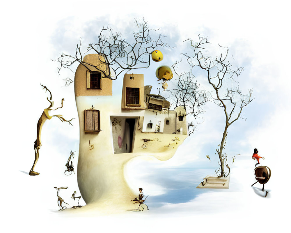Surreal tree-like structure with houses as leaves and floating characters and objects.