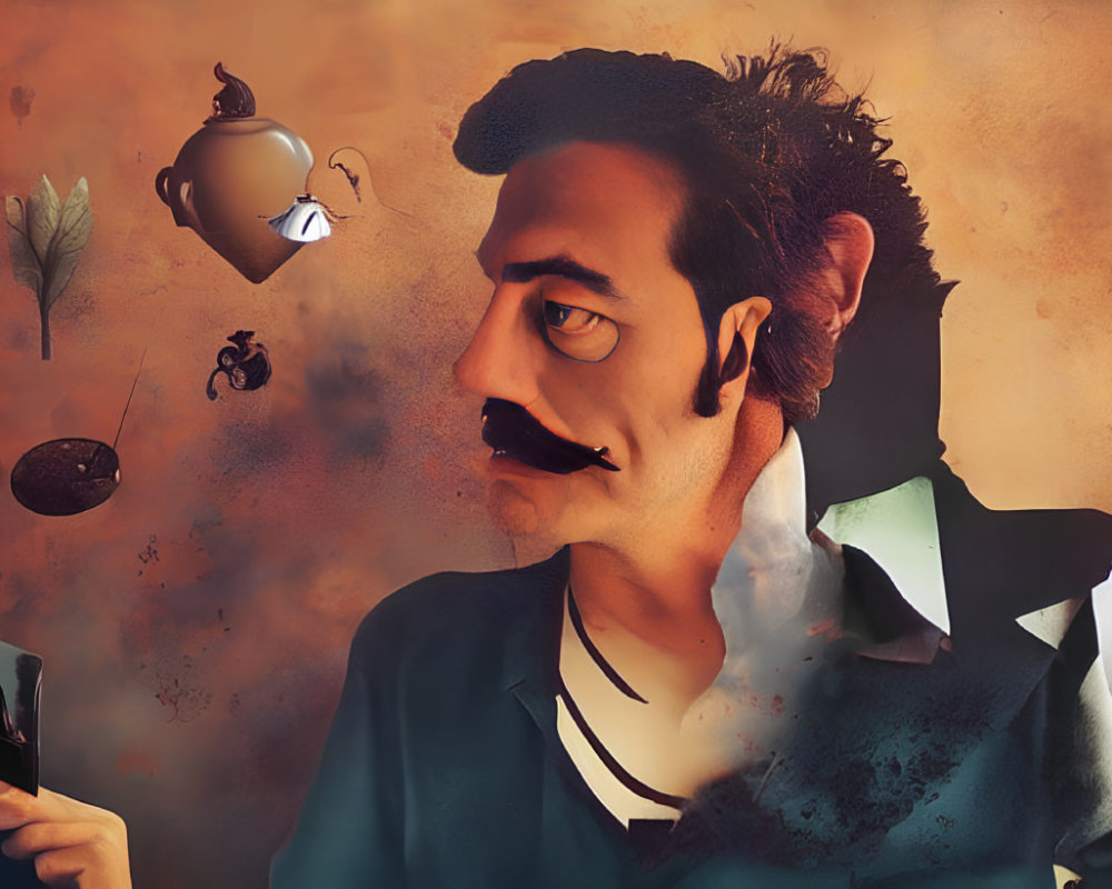 Exaggerated facial features in surreal portrait with floating objects on orange backdrop