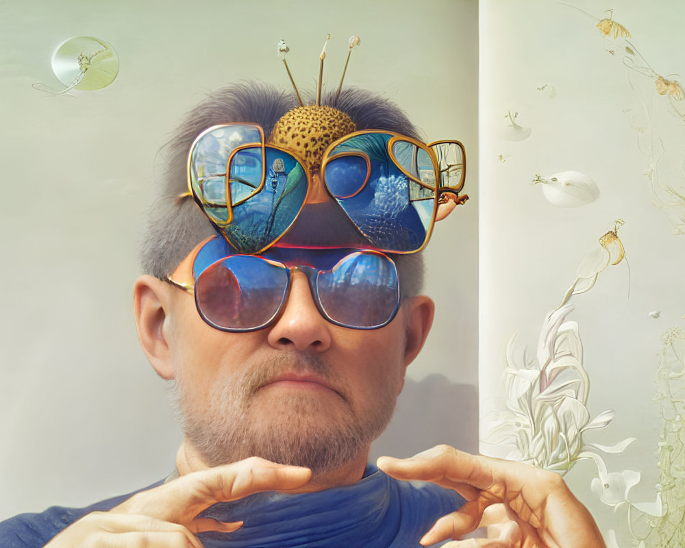 Colorful Sunglasses Layered Over Eyes in Surreal Portrait