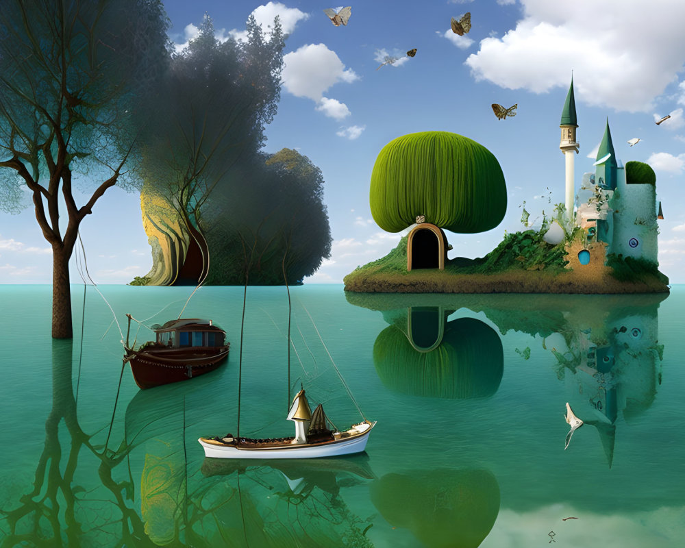 Floating Island with Castle, Trees, House, and Sailing Boats Reflected in Blue Sea