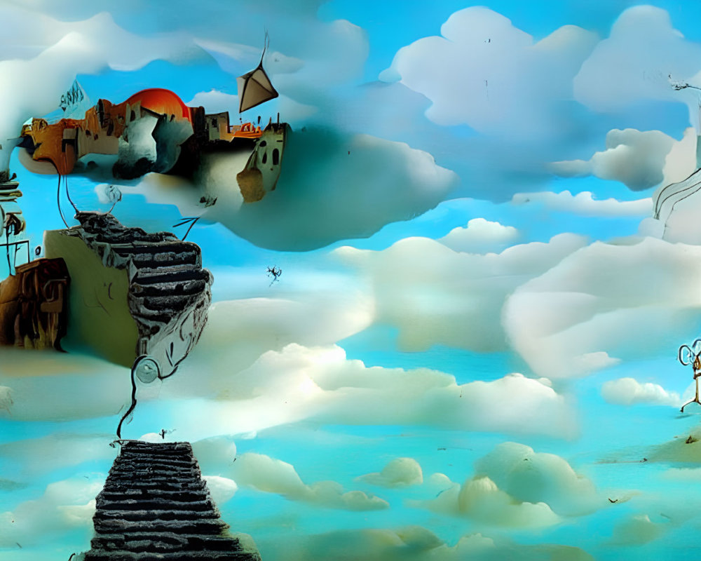 Surreal sky landscape with floating islands and grand balloon