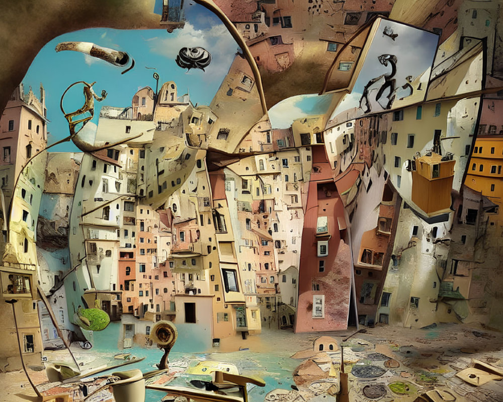 Distorted surreal cityscape with floating objects and gravity-defying figures