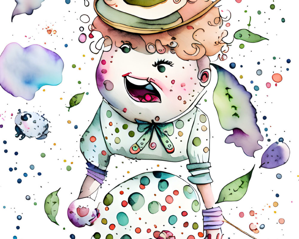 Colorful Watercolor Illustration of Childlike Character Blowing Bubbles