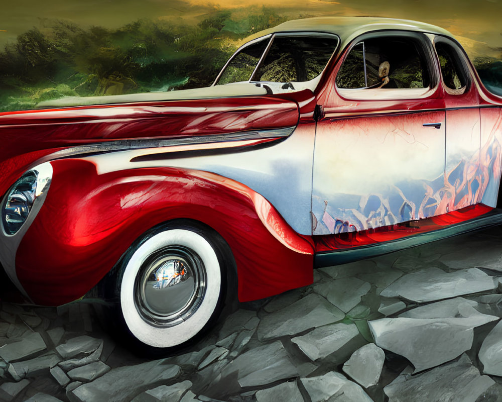 Classic Red and White Car with Custom Flame Detailing on Cobblestone Ground