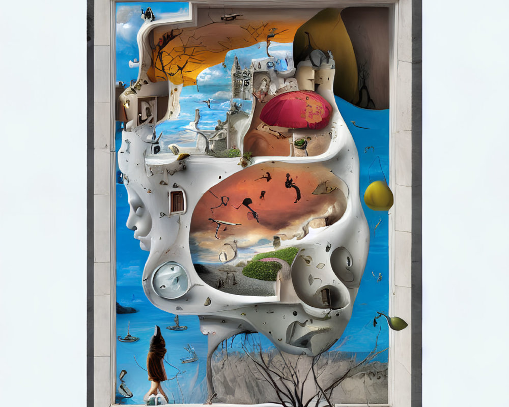 Surreal head-shaped window with desert, ocean, and fantastical scenes framed against blue sky