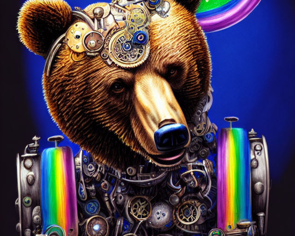 Steampunk robotic bear with gears and colorful orbs on dark blue background