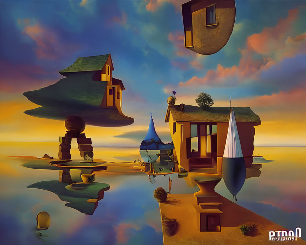 Whimsical floating islands and sunset sky in surreal artwork