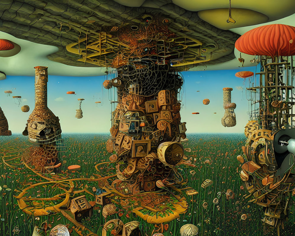 Surreal landscape with mechanical towers and floating islands