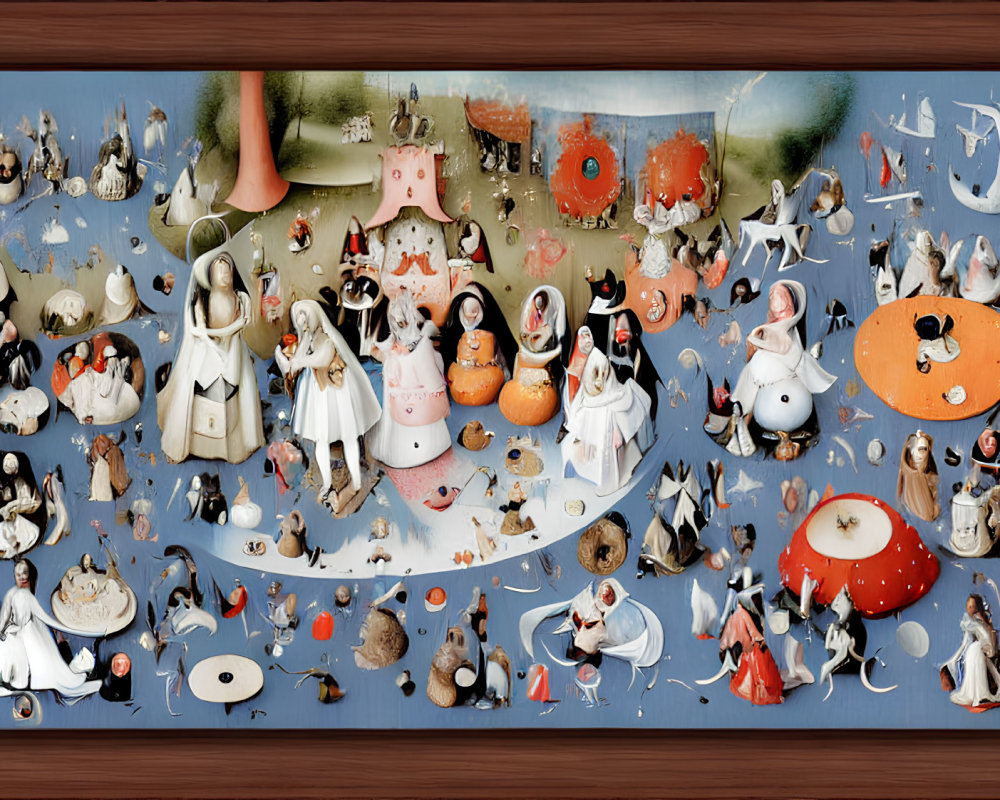 Detailed whimsical painting with surreal scenes and fantastical characters in brown frame