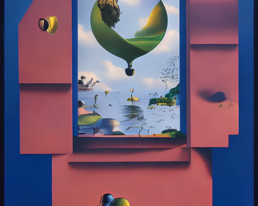 Surreal Artwork: Arch-shaped window, floating islands, cow, and balls on blue background