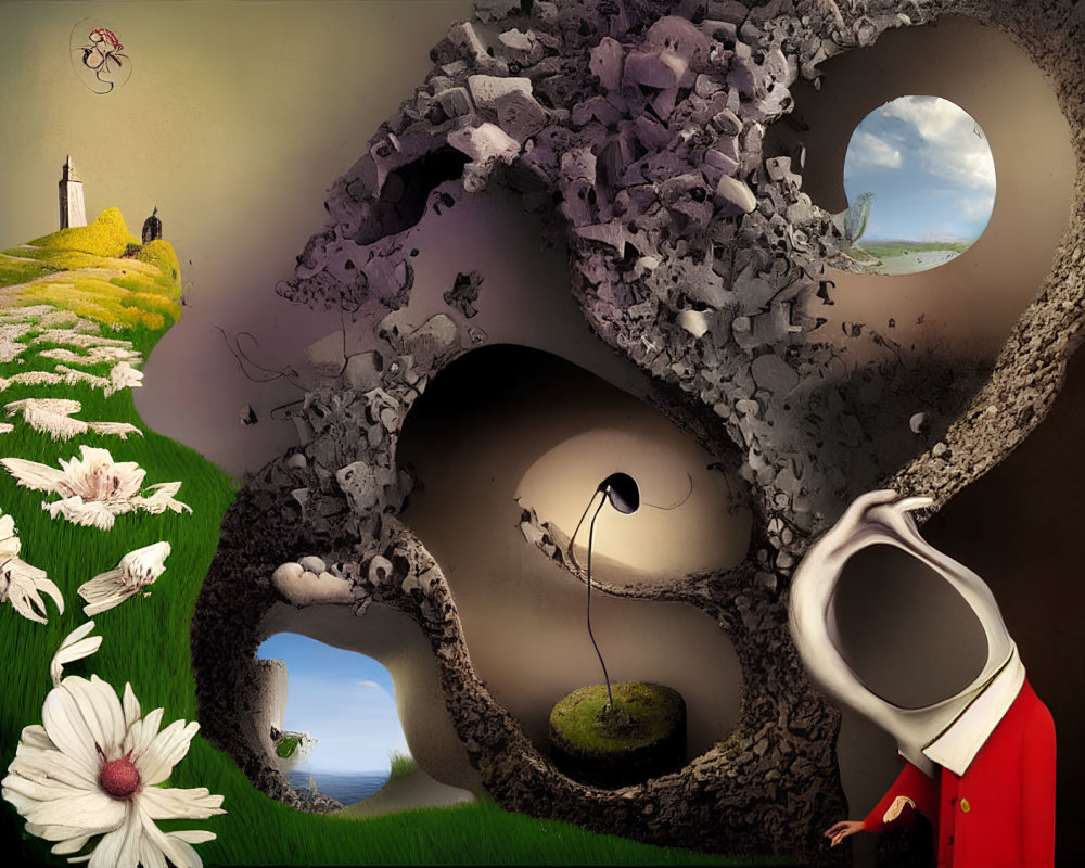 Surreal landscape featuring skull-shaped caves, city ruins, figure in red hood, daisies