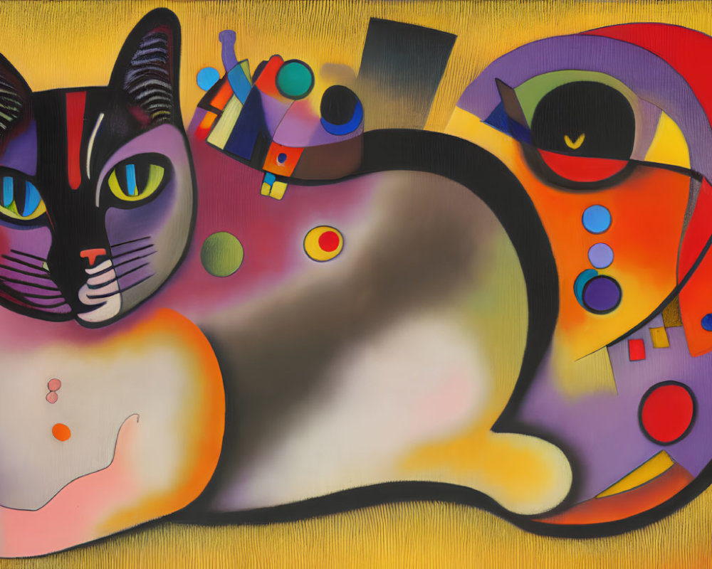 Colorful Abstract Painting with Stylized Cat and Geometric Shapes on Yellow Background