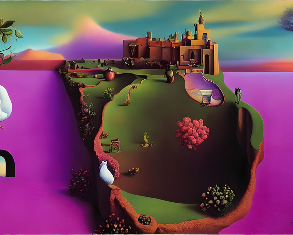 Vibrant surreal landscape: castle, oversized fruit, birds, flying fish, dreamy sky