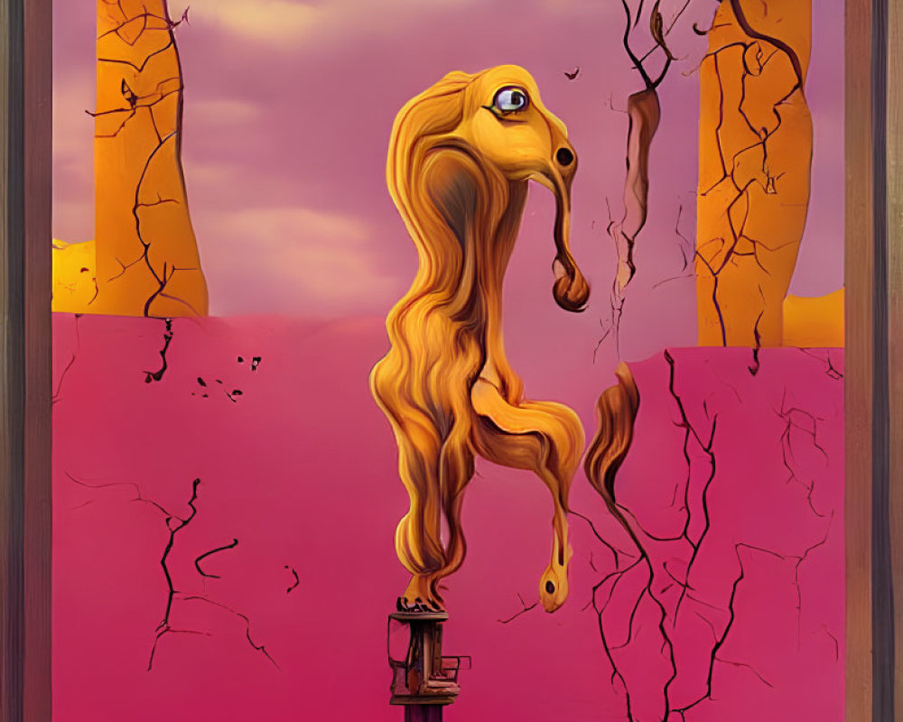 Surreal painting: melting clock on tree branch in stone archway