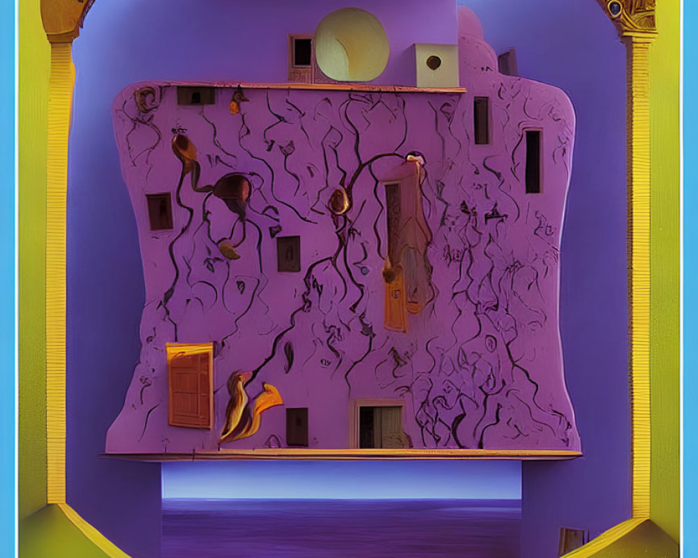 Purple Maze-Like Structure with Anthropomorphic Elements and Fruit on Yellow and Blue Background