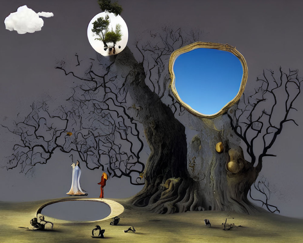 Surreal landscape with large tree, mirror portal, figures, and reflective pool.