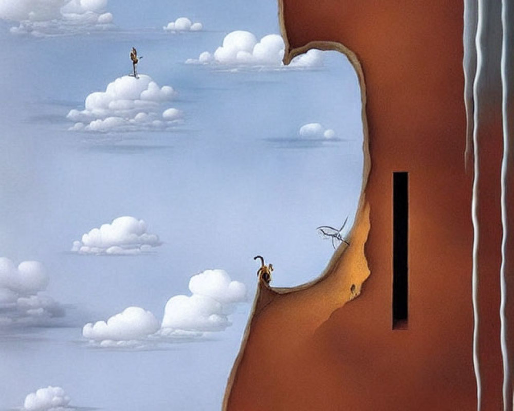 Surreal artwork: two figures on abstract cliff with ladder and doors