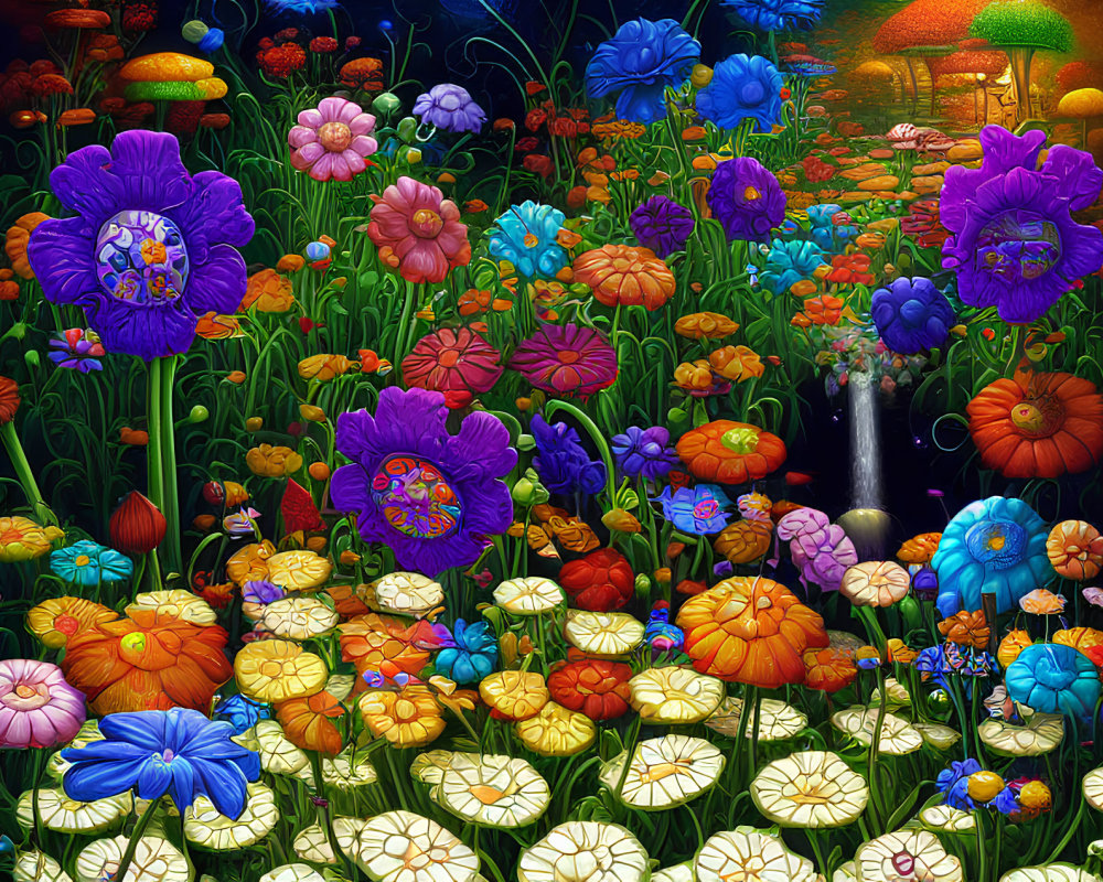 Colorful Oversized Flowers and Whimsical Mushroom Trees in Surreal Garden
