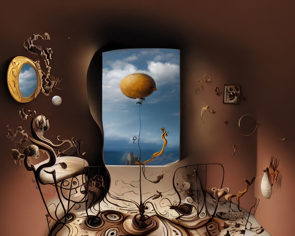 Surreal Room with Distorted Objects and Lemon Balloon Floating Outside