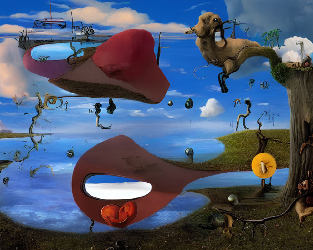 Abstract surreal landscape with camel, floating chairs, and whimsical elements