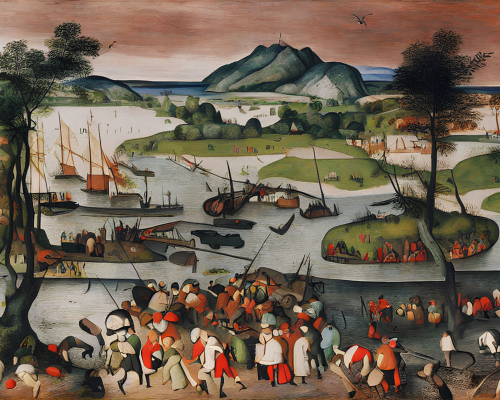 Vibrant Renaissance harbor scene with ships, people, and landscapes