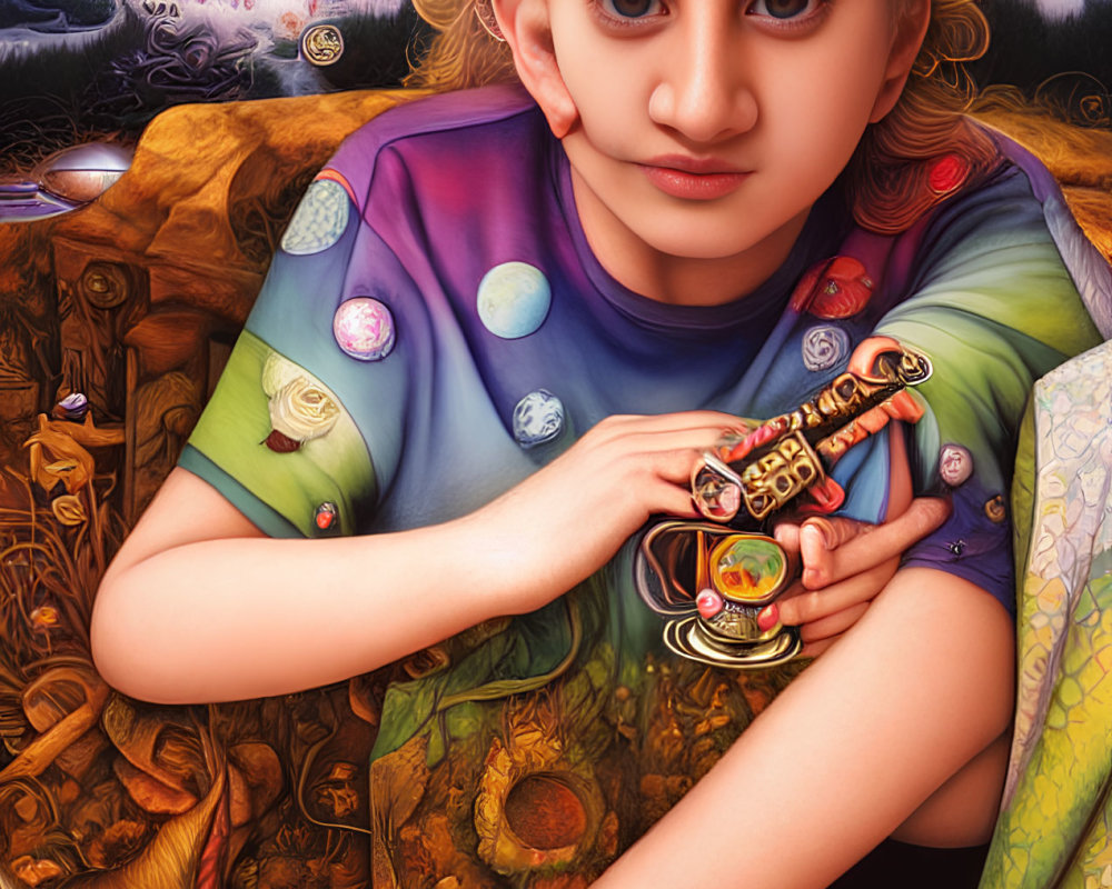 Girl with Large Eyes Holding Miniature Carousel in Galaxy-Themed T-shirt