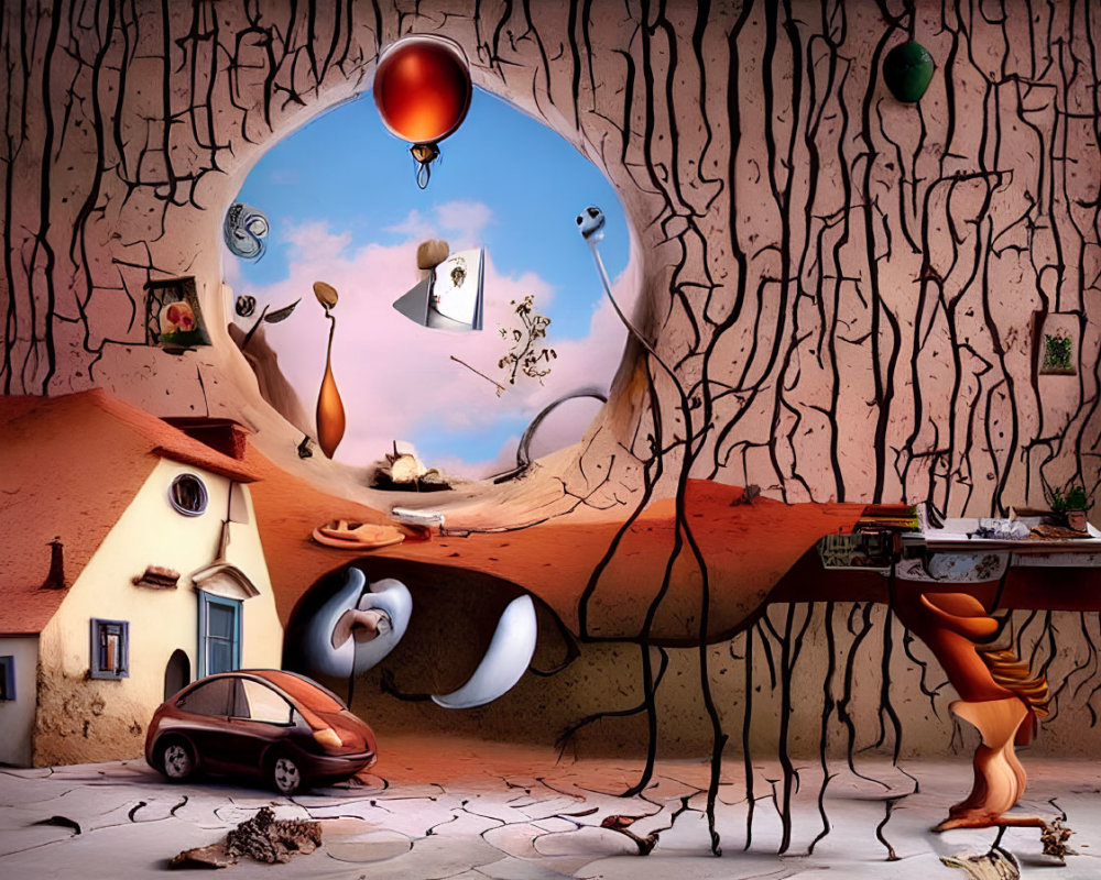 Surreal Artwork: Distorted Room, Melting Objects, Floating Balloon, Car,