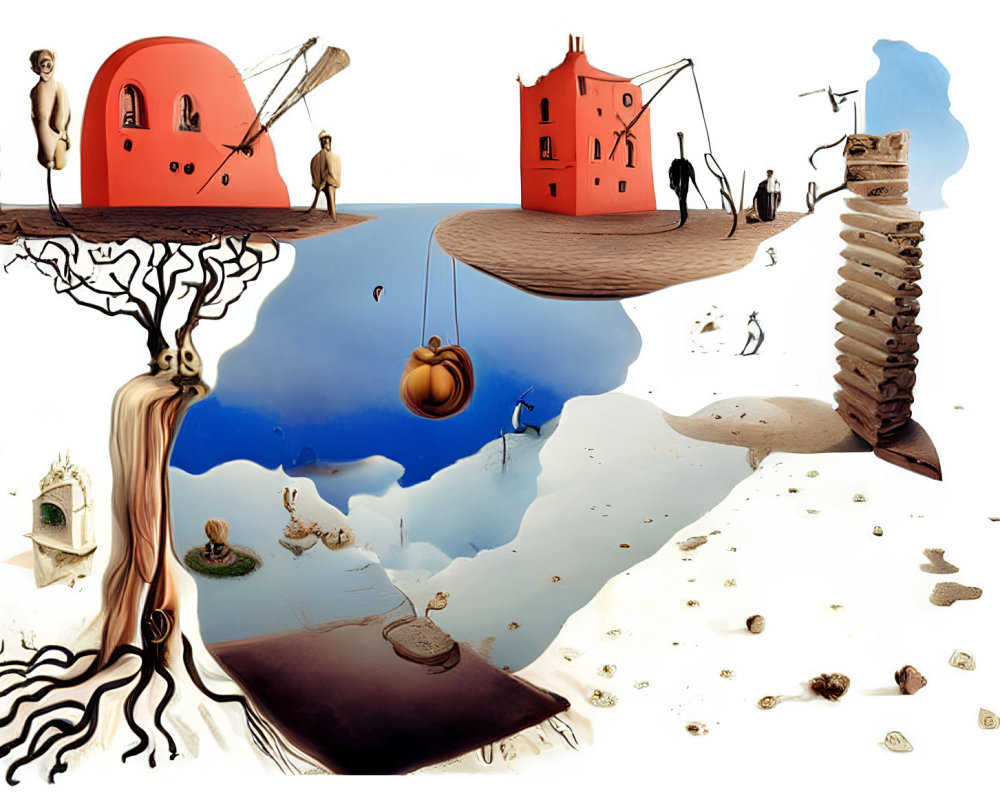 Surrealistic landscape: floating islands, melting objects, distorted figures in water