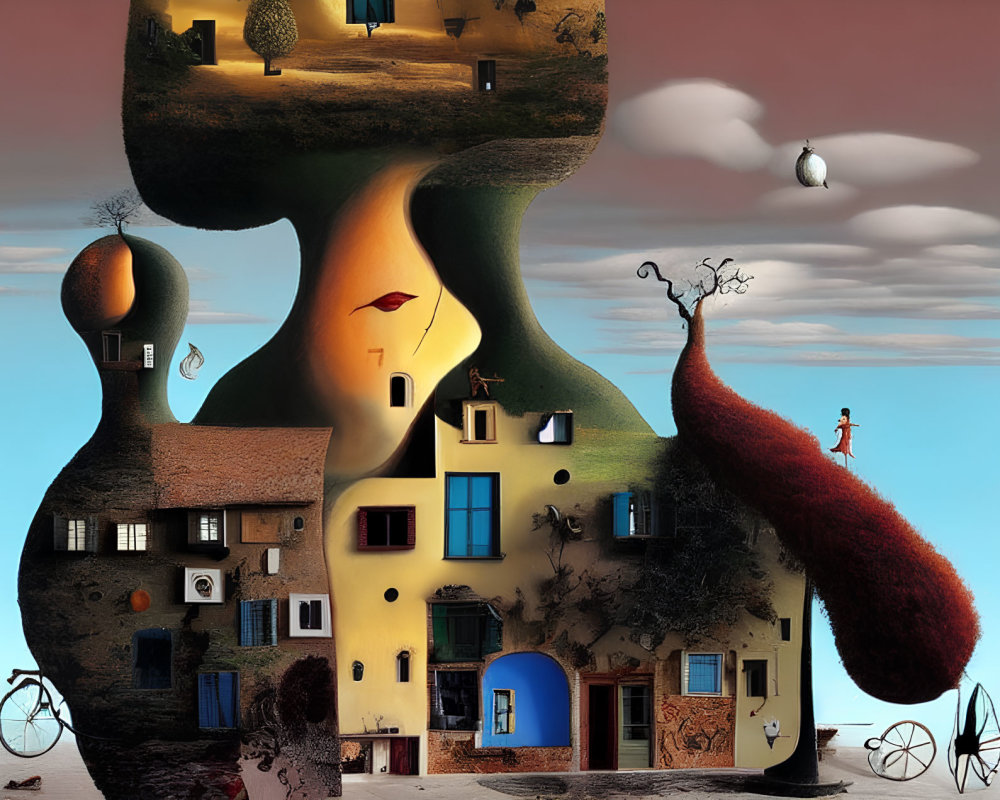 Surreal landscape featuring anthropomorphic hill, whimsical sky, and floating objects