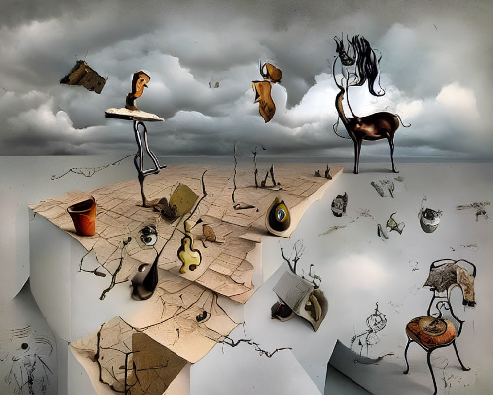 Surreal Artwork: Disjointed Elements, Fractured Landscape, Whimsical Character