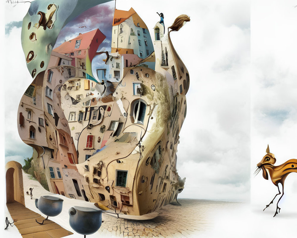 Surreal illustration of warped building, floating man, and whimsical bird.