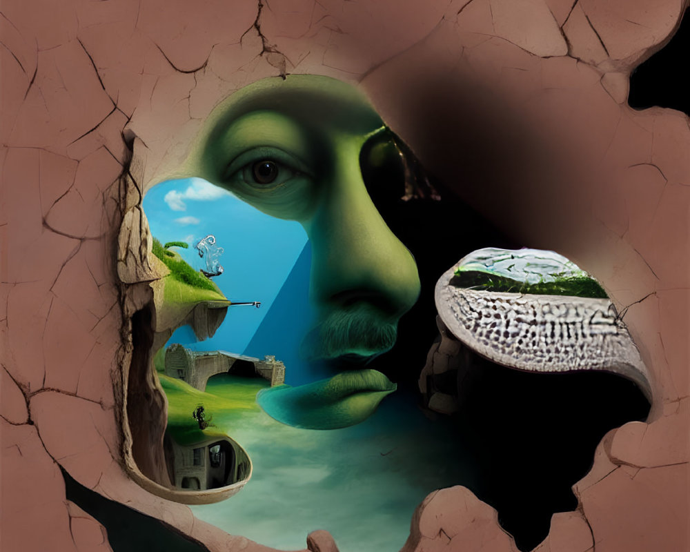 Surreal artwork: cracked wall, Dalí-inspired landscape, merging human face