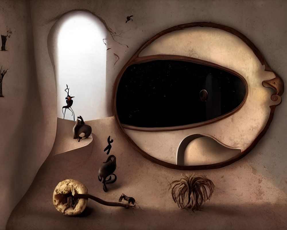 Surreal room with eye-shaped window and starry sky view, silhouetted figure,