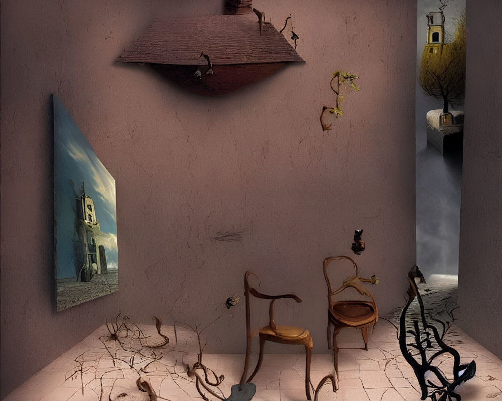 Surreal Room with Distorted Furniture, Cat Paintings, Gravity-Defying Cats, and