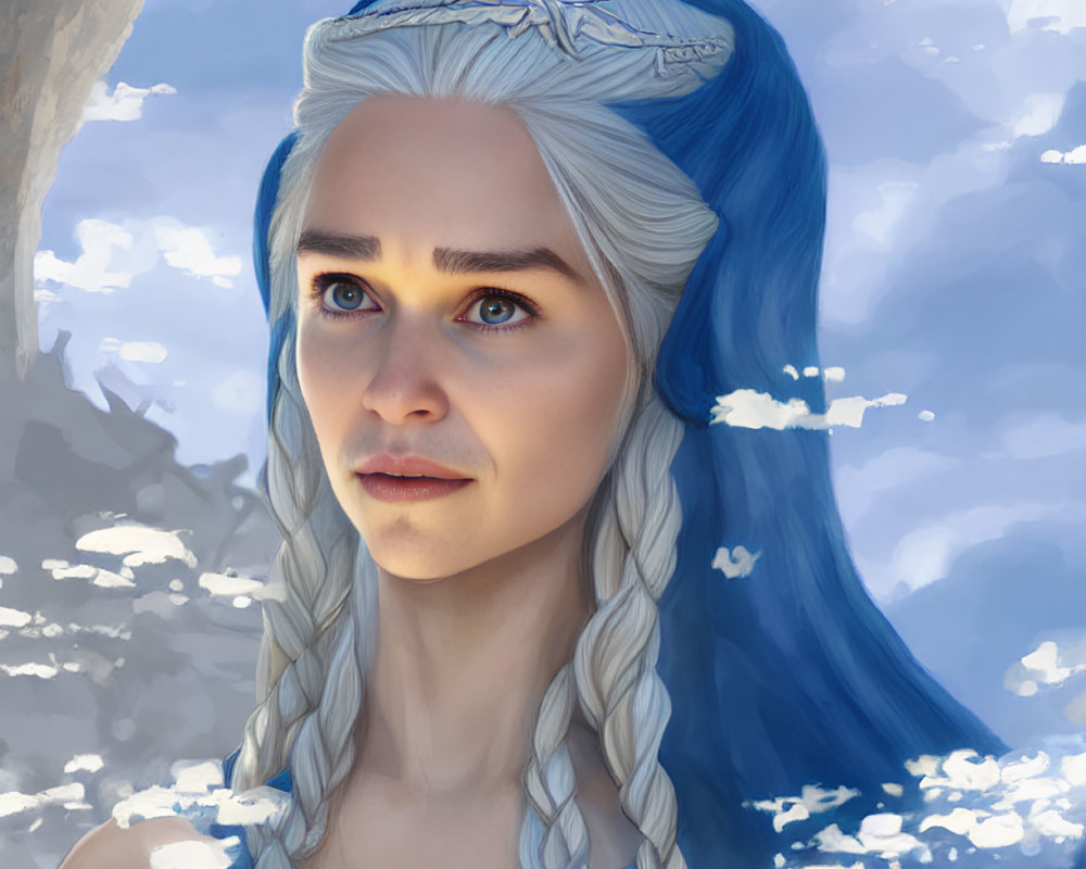 Pale-skinned woman with long braided white hair and blue headpiece gazes up at dragon silhouette